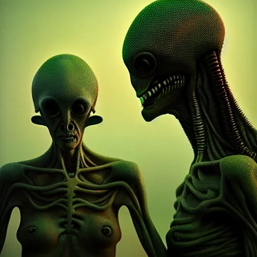 Image similar to alien man with alien woman, full body portraiture, painted by beksinski, 4 k, intricate details, unreal engine, dynamic lighting