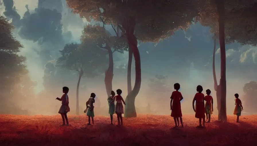 Image similar to kerala school boys wearing girls dresses posing for a photo, an epic fantasy, dramatic lighting, cinematic, establishing shot, extremely high detail, photorealistic, cinematic lighting, artstation, matte painting by simon stalenhag, horizon forbidden west