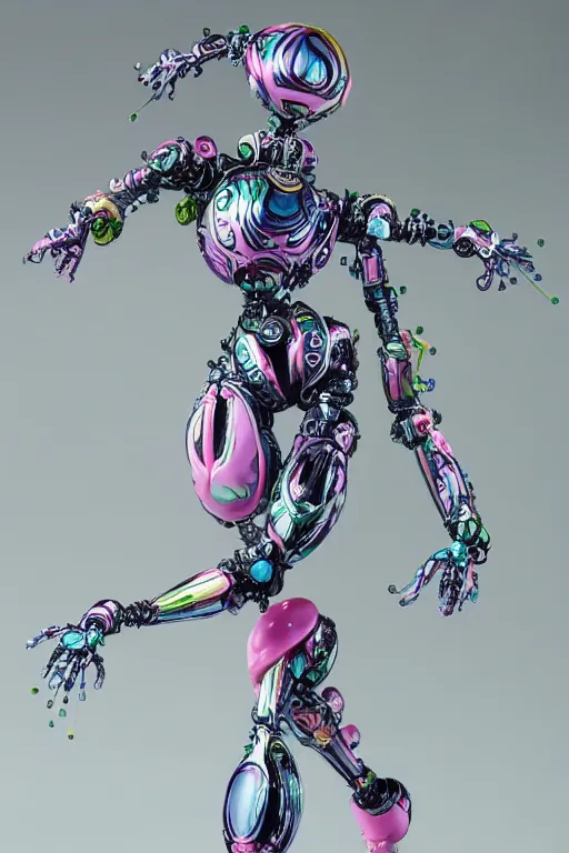 Image similar to a super huge bubbly super detailed anime figurine with fluo color detail, and muted arm colors, that looks like a intricate delicate robot, decorated by plastic synthetic ionized metal flower sculptures