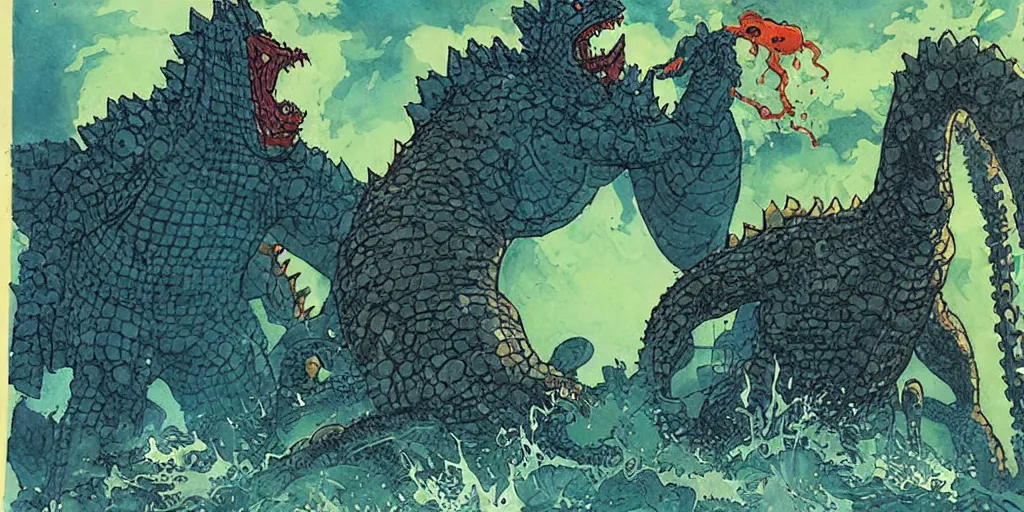 Image similar to godzilla fighting octapus kaiju by walk simonson