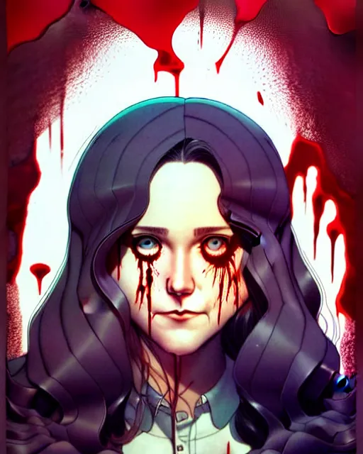 Prompt: artgerm, joshua middleton comic cover art, pretty serial killer maika monroe full body, creepy smiling, covered in blood, symmetrical eyes, symmetrical face, long curly brown hair, standing in front of an abandoned house background