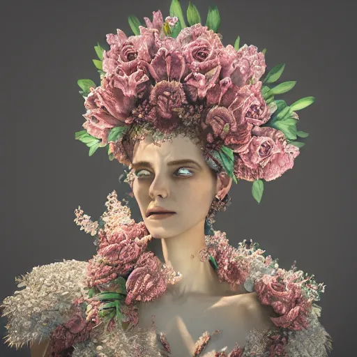 Image similar to the flower queen, 4 k, intricate detailed, jaw dropping, gorgeous, surreal, octane render