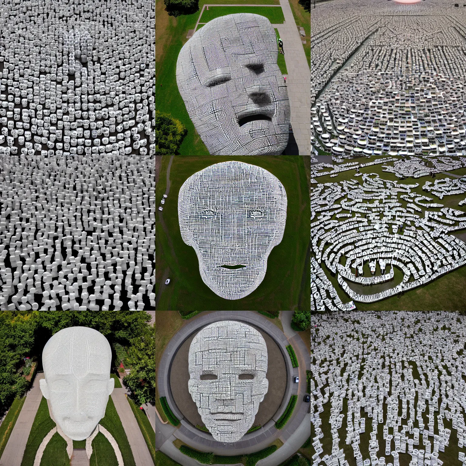 Prompt: massive outdoor sculpture of a head by jaume plensa, drone view