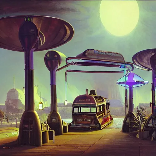 Prompt: painting of syd mead artlilery scifi organic shaped electric bus charging station with ornate metal work lands on a farm, fossil ornaments, volumetric lights, purple sun, andreas achenbach