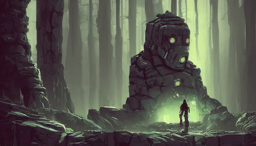 Image similar to stone golem, true evil, dormant, cyberpunk forest, nearby, sharp focus, james gilleard, cinematic, game art, extremely detailed digital painting, print