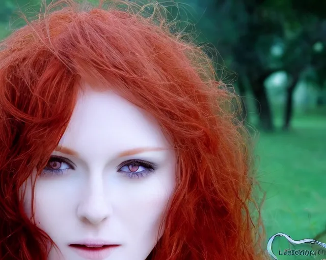 Prompt: award winning 5 5 mm close up face portrait photo of an anesthetic and beautiful redhead vampire lady who looks directly at the camera with bloodred wavy hair, intricate eyes that look like gems, and long fangs, in a park by luis royo. rule of thirds.