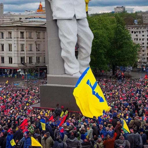 Image similar to a crowd of people with ukrainian flags destroy a statue of vladimir lenin, leica sl 2 5 0 mm, dslr, vivid color, high quality, high textured, real life