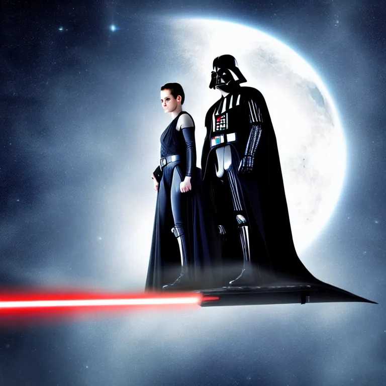 Image similar to darth vader and kristen stewart staying close together in front of, on the background star destroyer, romantic poster for the twillight movie high quality photorealistic