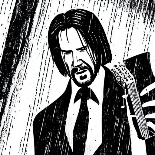 Prompt: john wick playing a guitar in the rain, photorealistic, realistic, dramatic, cinematic, photography