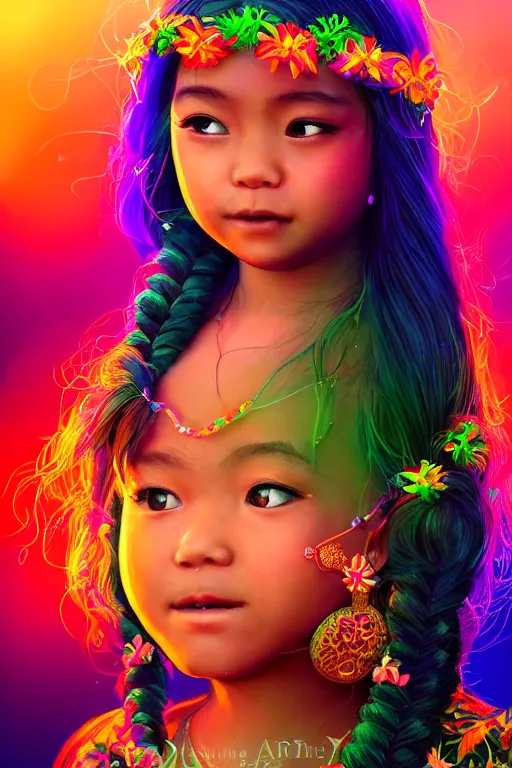 Prompt: a stunning portrait of a cute little Hawaiian girl with a beautiful braid and dreamy emerald eyes, wearing traditional attire and beautiful ornaments, vibrant neon fogs and light in the bokeh background, 85mm photography style, photorealistic, digital painting, smooth, well focused, volumetric soft lighting, Afrofuturism style, artstation HD, 8K