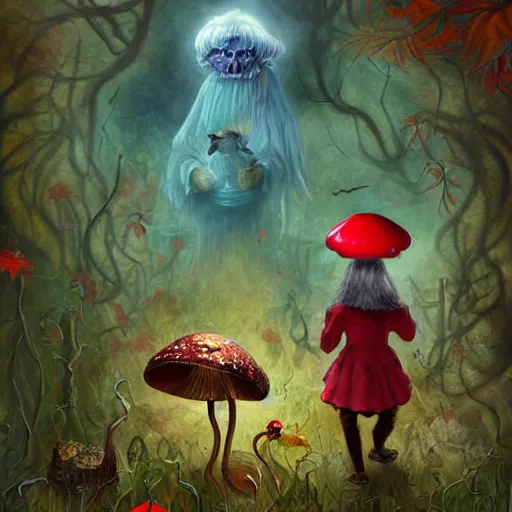 Image similar to Hell and heaven, captured in bottles, an elderly mushroom walking their pet snail, The Autumn Plague Gardener, the theme of Alice in Wonderland, digital painting, its softness partakes of fluidity, illustration, deep dark, artstation, intricate, biodiversity in a world of change and constancy, ue5, by deiv calviz and bossmonsterbani