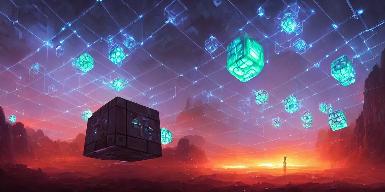 Image similar to a fleet of giant glowing futuristic circuit cubes tied to each other with lots of glowing chains in the sky, thick glowing chains, light rays bouncing between cubes, a fantasy magical landscape seen in the distance, atmospheric lighting, intricate, volumetric lighting, beautiful, sharp focus, ultra detailed, in the art style of marc simonetti, bowater charlie and brom gerald, astrophotography