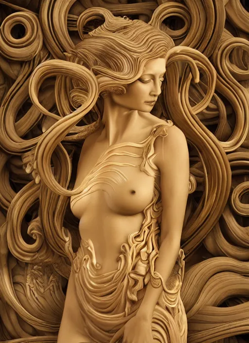 Image similar to carved translucent wax sculpture of medusa, wooden art nouveau swirls, strong subsurface scattering, tubes, gold elements, subsurface scattering, in the style of ruan jia and beeple and giger, subsurface scattering, mystical colors, back light, rim light, dramatic lighting, 8 k, stunning scene, raytracing, octane render, trending on artstation