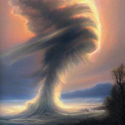 Prompt: beautiful tornado in a landscape painting