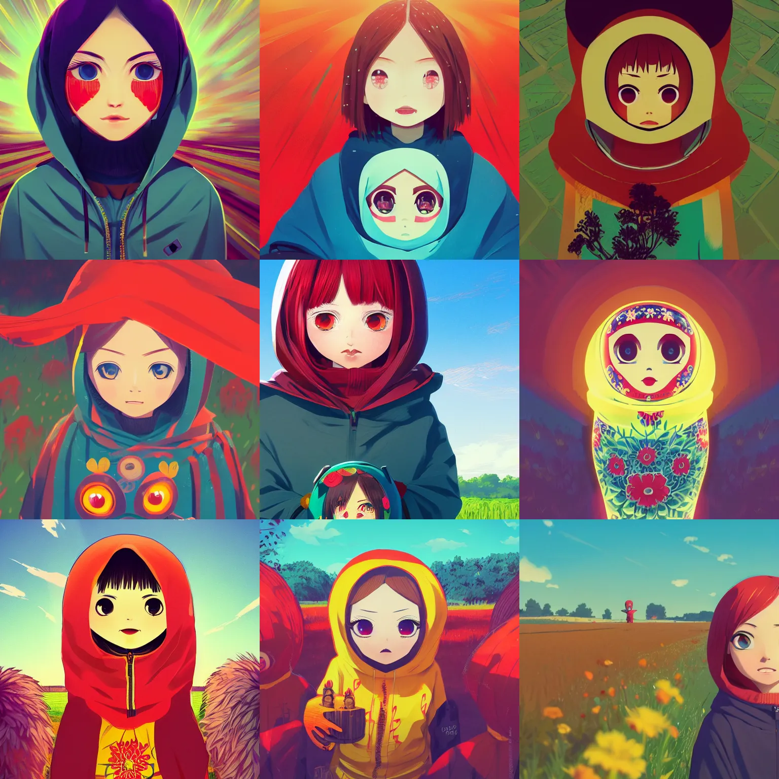 Prompt: portrait of an matryoshka, farm field background, rich vivid colors, ambient lighting, dynamic lighting, 4 k, hq, official media, anime key visual, makoto shinkai, ilya kuvshinov, lois van baarle, rossdraws, detailed, trending on artstation