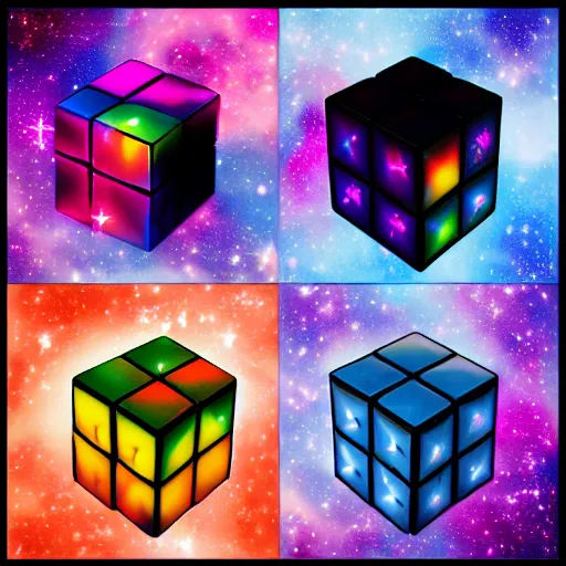 Image similar to a cosmic rubik's cude, nebula, galaxies, stars, outer - space ( cyan, pink, purple, orange )