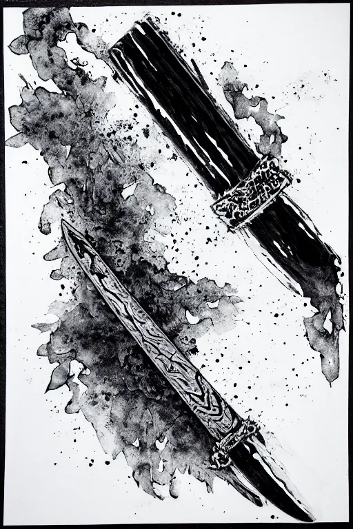 Prompt: intricate, realistic ink drawing of a katana sword in a splash of ink, centered, fully visible 8 k