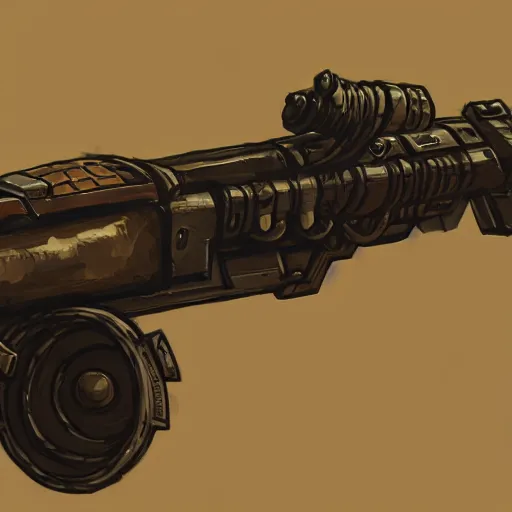 Prompt: greg manchess video game weapon icon concept art of an dieselpunk grenade launcher, matte background, highly detailed, digital painting, artstation, concept art, by makoto shinkai and akihiko yoshida and hidari and wlop and greg rutkowski