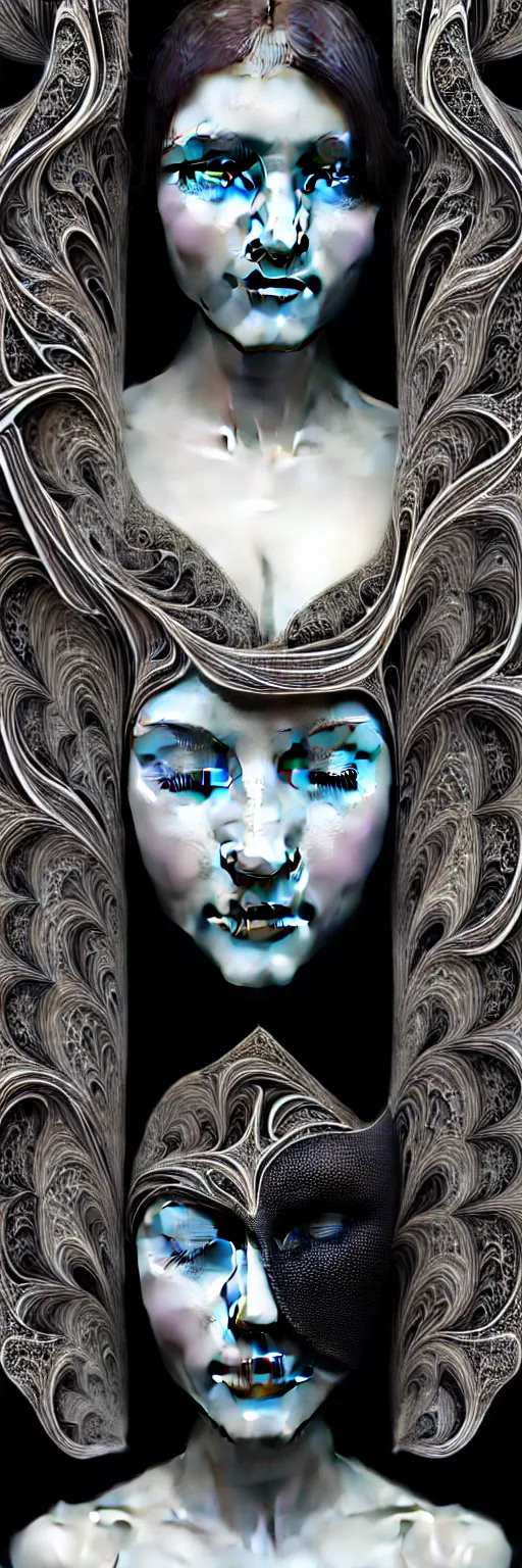 Prompt: portrait of a young beautiful woman with a partially covering mask. fractal, mandelbulb technique. black and white, black on black. intricate, elegant, super highly detailed, professional digital painting, smooth, extreme illustration, Photorealism, HD quality, 8k resolution, 3D, beautiful, cinematic, art. art deco, art nouveau.