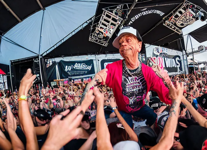 Prompt: photo still of don knotts at vans warped tour!!!!!!!! at age 5 5 years old 5 5 years of age!!!!!!! stage diving into a crowd, 8 k, 8 5 mm f 1. 8, studio lighting, rim light, right side key light