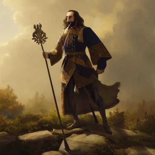 Image similar to Peter the Great of Russia with big narrow axe, sharp focus, fantasy style, octane render, volumetric lighting, 8k high definition, by greg rutkowski, highly detailed, trending on art Station