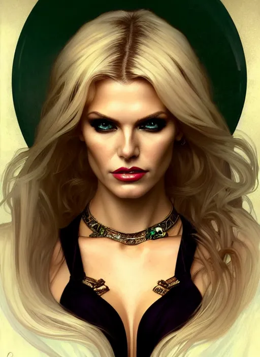 Image similar to portrait of model victoria silvstedt as a sultry vampire lady, jewelry, greek, emerald, intricate, headshot, highly detailed, digital painting, artstation, concept art, sharp focus, cinematic lighting, illustration, art by artgerm and greg rutkowski, alphonse mucha, cgsociety