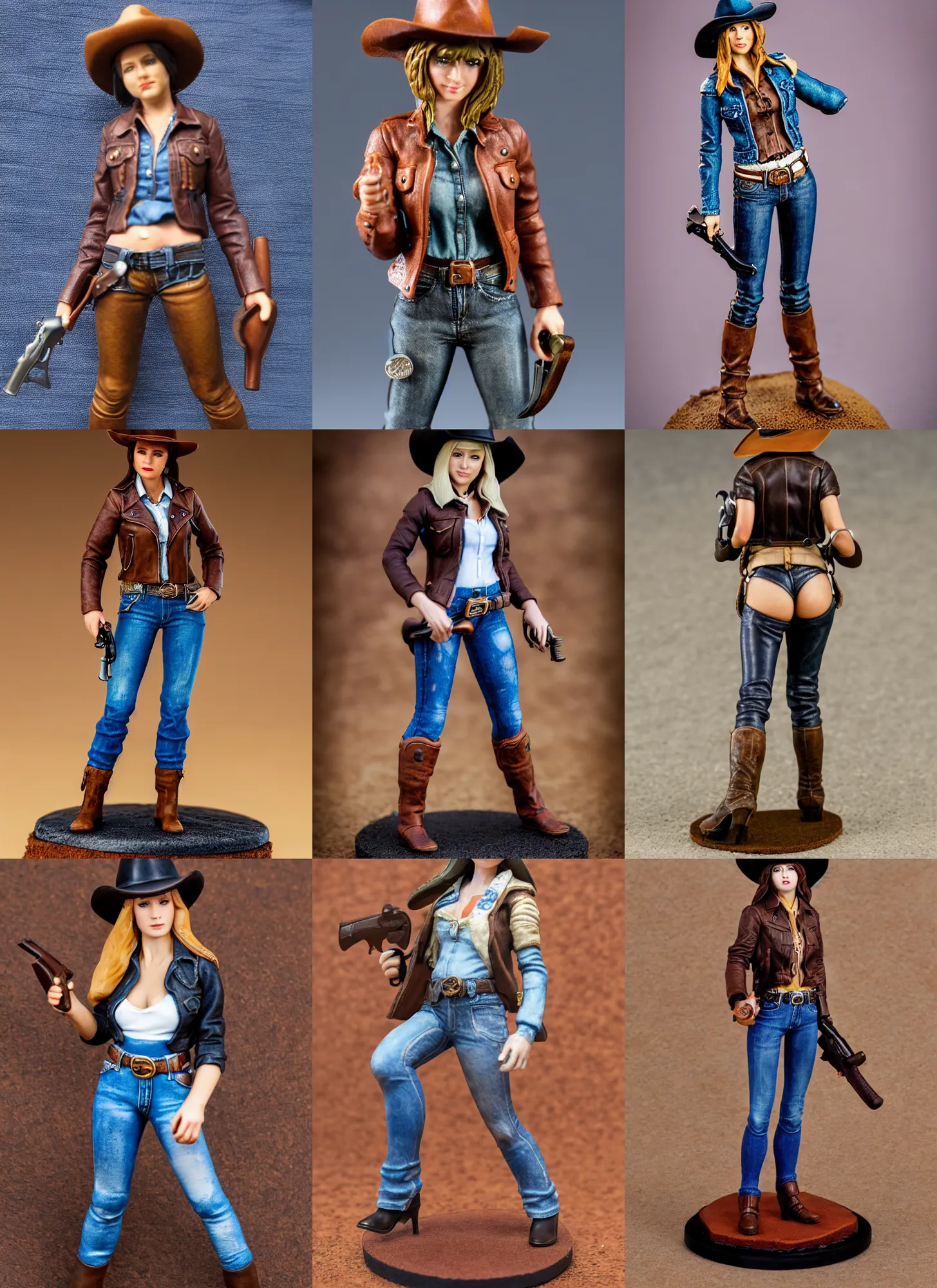 Prompt: 80mm resin detailed miniature of a cow girl, Short brown leather jacket, denim hot-pants, thigh skin, ten-gallon hat, holds a revolver in her right hand, on textured disc base; Miniature product Introduction Photos, 4K, Full body