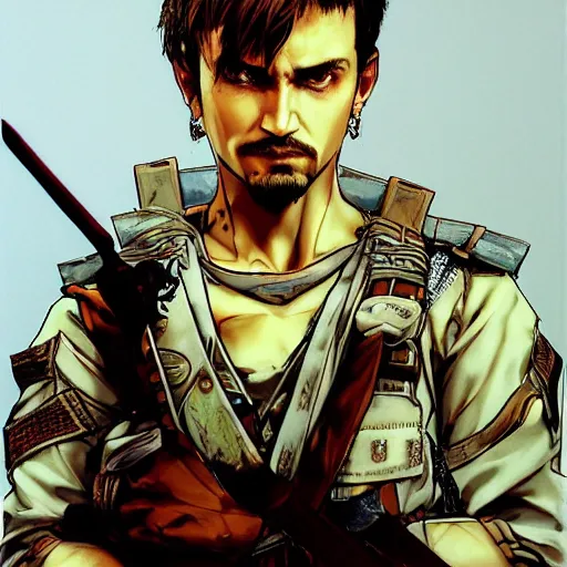 Prompt: full portrait of a young white hero using his right arm to hold his sword covering his eye by yoji shinkawa, high quality, extra details, realism, ornate, colored, golden chain, blood, white skin, short hair, brown eyes, vivid, sunlight, dynamic, american man, freedom, white american soldier, painting, cybernetics, military