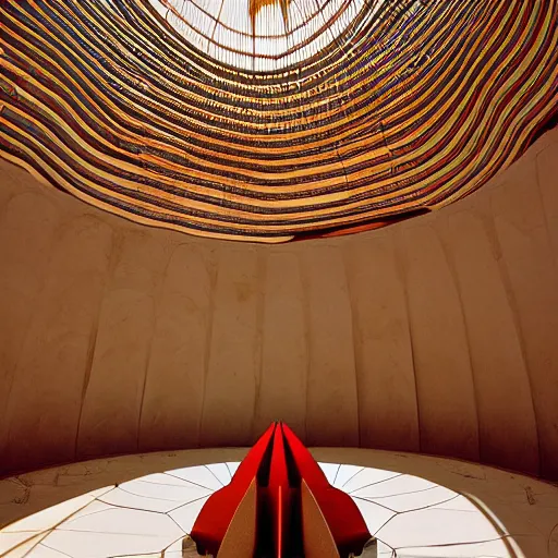 Image similar to interior of a futuristic lotus temple with gold, red and white marble panels, in the desert, by buckminster fuller and syd mead, intricate contemporary architecture, photo journalism, photography, cinematic, national geographic photoshoot