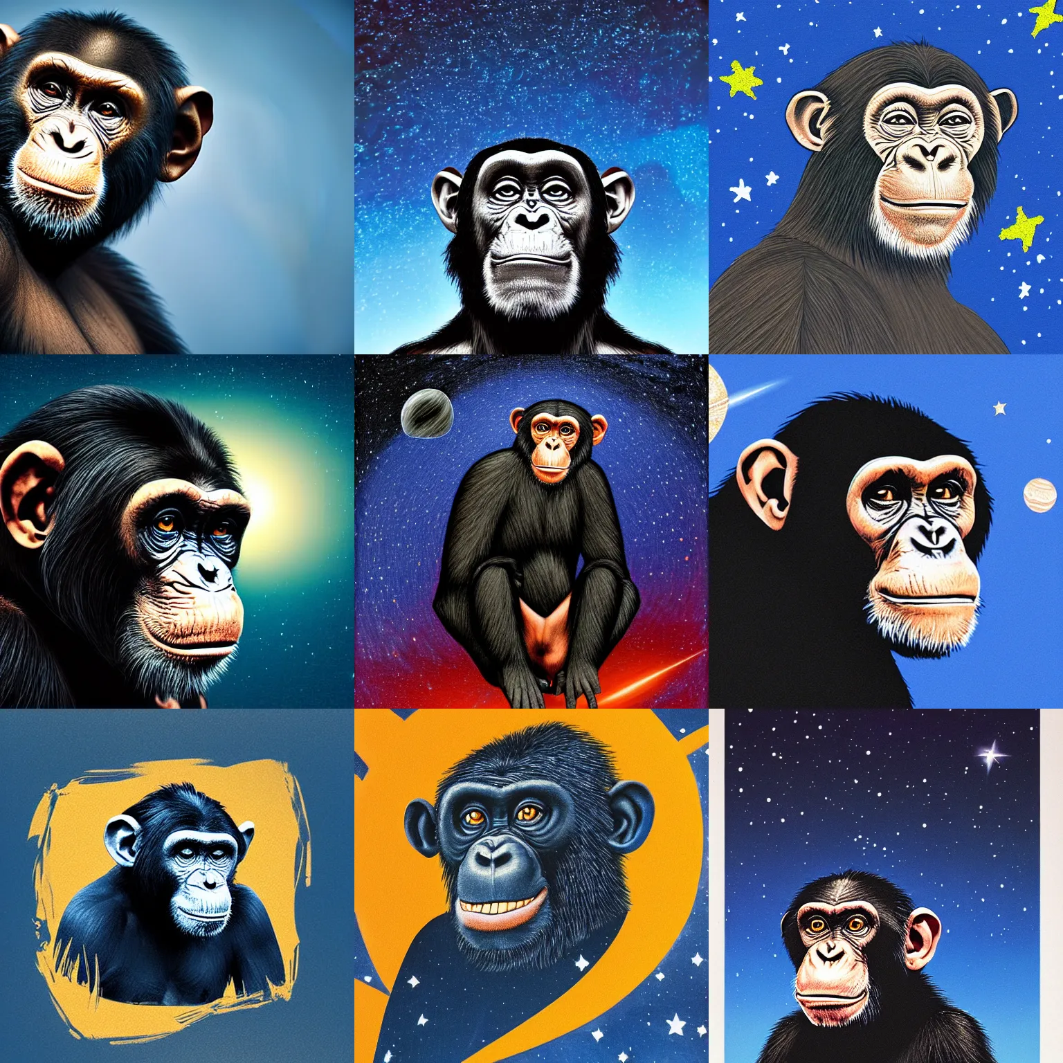 Prompt: portrait of chimpanzee in space, stars in the background, dark blue background