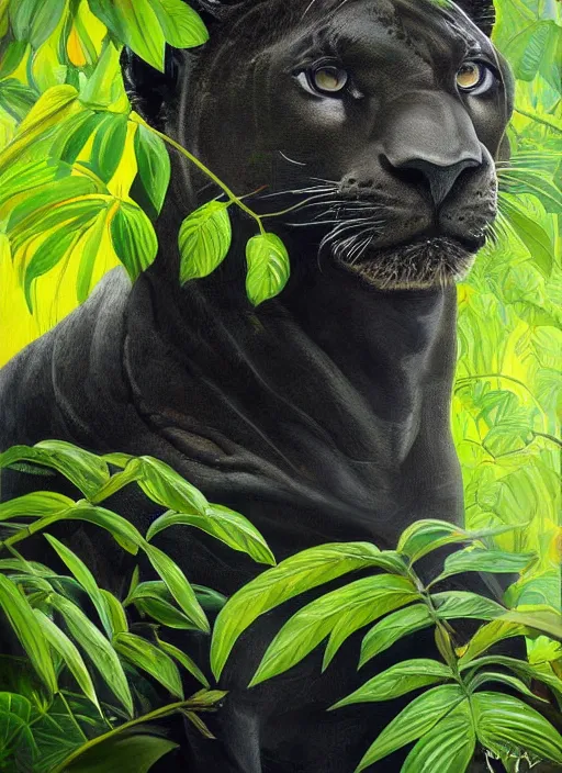 Prompt: a beautiful painting portrait of a black jaguar surrounded by the leaves of the jungle, highly detailed close up, fantasy art, matte painting