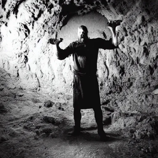 Image similar to big butcher man posing scarily, scary angry pose, cleaver, earie setting, in a dark cave, horror, hyperdetailed