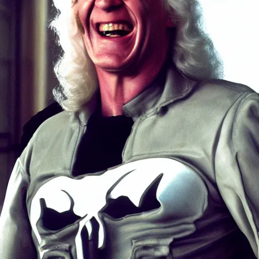 Image similar to Jimmy Saville as Punisher, cinematic, movie still, photorealistic, laughing, 8k,