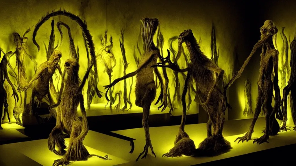 Image similar to museum of strange creatures, made of glowing oil, film still from the movie directed by denis villeneuve and david cronenberg with art direction by salvador dali and dr. seuss