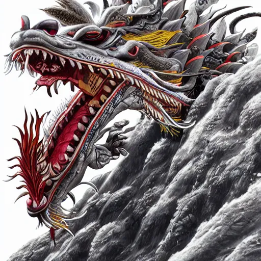 Image similar to a chinese dragon, majestic, mountains background, ultrafine hyperrealistic detailed illustration by kim jung gi, irakli nadar, intricate linework, sharp focus, bright colors, matte, gujian, final fantasy, unreal engine highly rendered, global illumination, radiant light, intricate environment