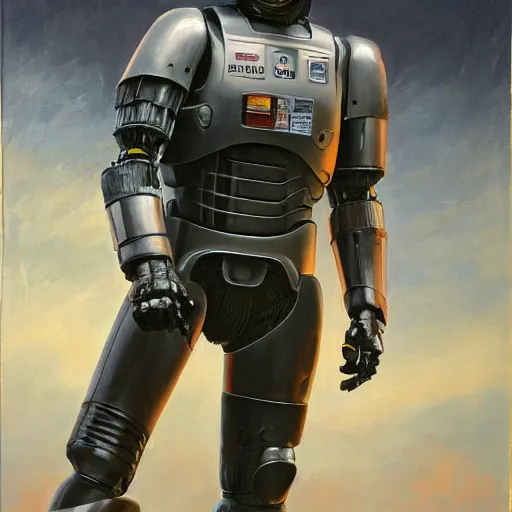 Image similar to joe biden as robocop, realistic oil painting, style of norman rockwell, 8 k, super sharp, ultra detail, rule of thirds,