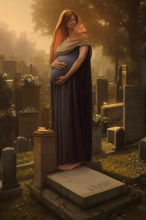 Image similar to portrait of a pregnant widow next to the grave, illustration, dramatic lighting, soft details, painting oil on canvas, art deco, octane render, HDR, 4k, 8k, HD, by Edmund Blair Leighton, Brom, Charlie Bowater, trending on artstation, faces by Tom Bagshaw, Sargent