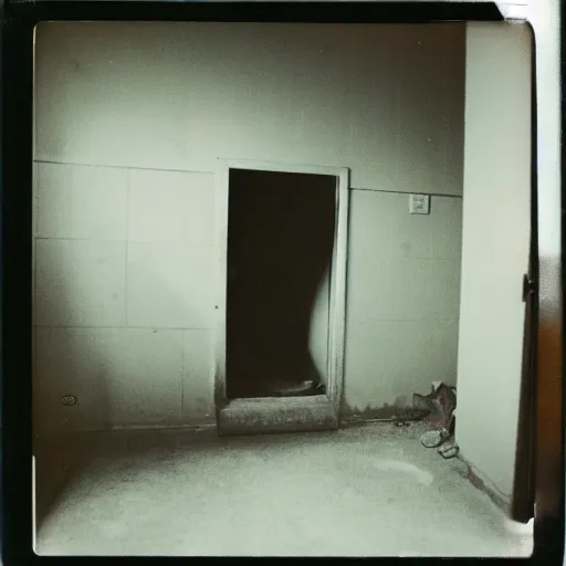 Image similar to dark concrete room with a tv on the ground inna dark doorway, creepy, eerie, old polaroid, expired film,