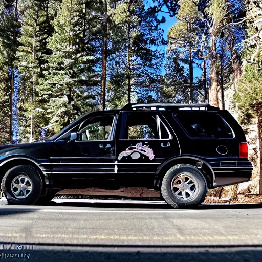 Prompt: 1998 black Ford Explorer, car photography, taken in big bear lake California