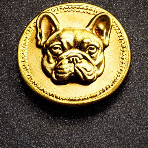 Prompt: an ancient roman gold coin with the face of a french bulldog, close up photo, ultra realistic, studio photo, bokeh.