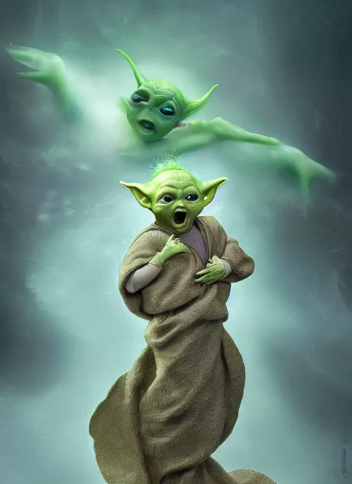 Prompt: full length photo of baby Yoda as a mermaid in the style of stefan kostic, full slim body, screaming. not realistic, sharp focus, 8k high definition, insanely detailed, intricate, elegant, art by stanley lau and artgerm