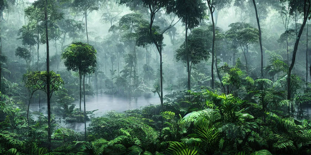 Prompt: amazon rainforest in the rainy season, realtor photograph, 8 k cgi rendered in octane hyper realistic, unreal engine, dynamic lighting, ultra detailed, cinematic