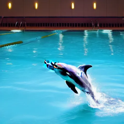 Prompt: Bottlenose Dolphin Swimming in a Hotel's Large Indoor Pool, Dim Lighting, Photograph Taken from the Edge of the Pool