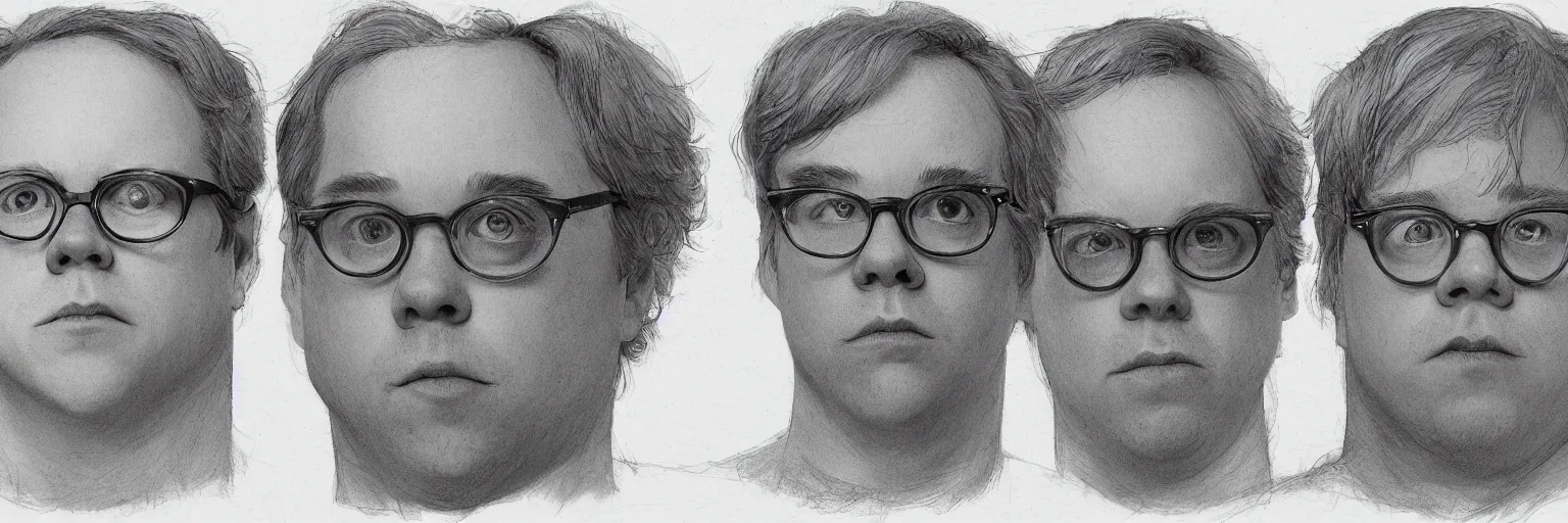 Prompt: character study of todd solondz and philip seymour hoffman and paul dano, 2 0 2 2, clear faces, emotional, character sheet, fine details, concept design, contrast, kim jung gi, pixar and da vinci, trending on artstation, 8 k, full body and head, turnaround, front view, back view, ultra wide angle