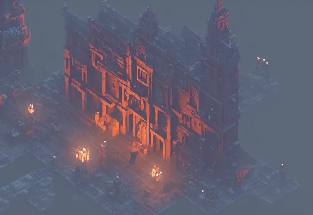 Image similar to isometric magicavoxel Bloodborne ghibli cinematic lighting, 4k