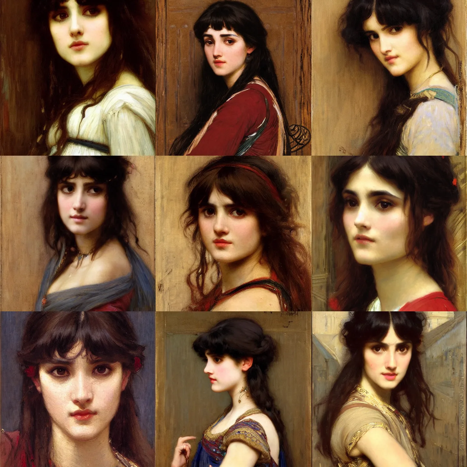 Prompt: orientalism portrait of a cute woman with bangs and dark curls face detail by john william waterhouse and theodore ralli and nasreddine dinet and adam styka, masterful intricate artwork, excellent lighting, high detail 8 k