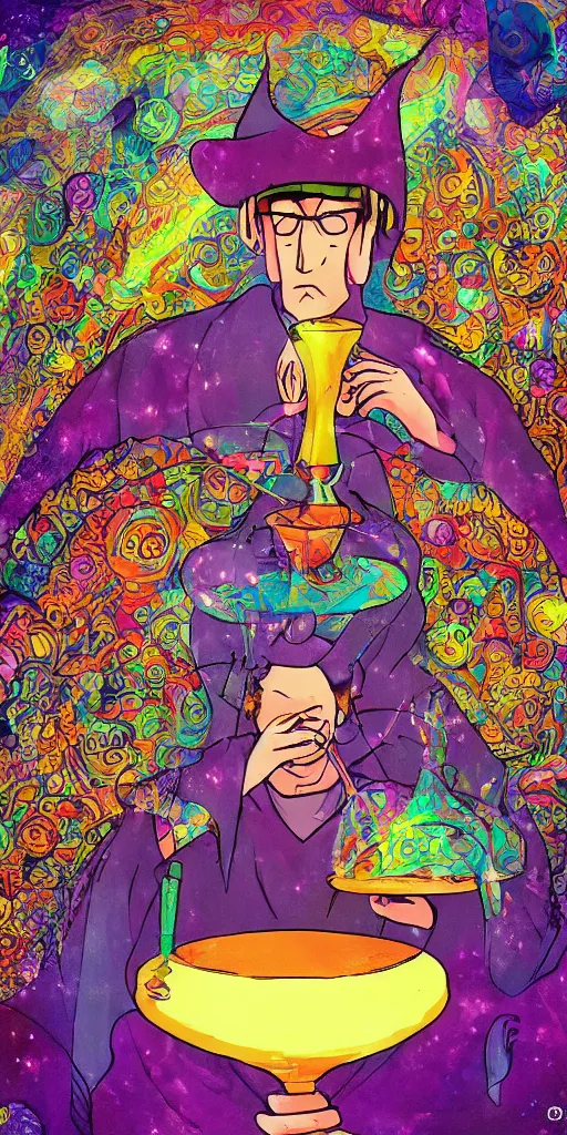 Image similar to a mystical man with a goblet on the table, wizard hat, psychedelic, Korean animation