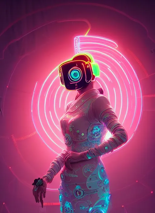 Image similar to portrait of female japanese android wearing a vr headgear and in an elaborate kimono dress, hologram hovering around her, intricate detail, cyber neon lighting, highly detailed, beautiful wide angle photography, artstation, glamor pose, concept art, art by peter mohrbacher, pinterest, artstation,