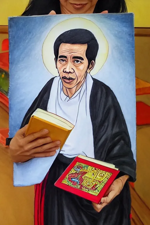 Image similar to saint jokowi with undang undang book in his hand, sketch and art by jacqueline e, color by bo feng lin