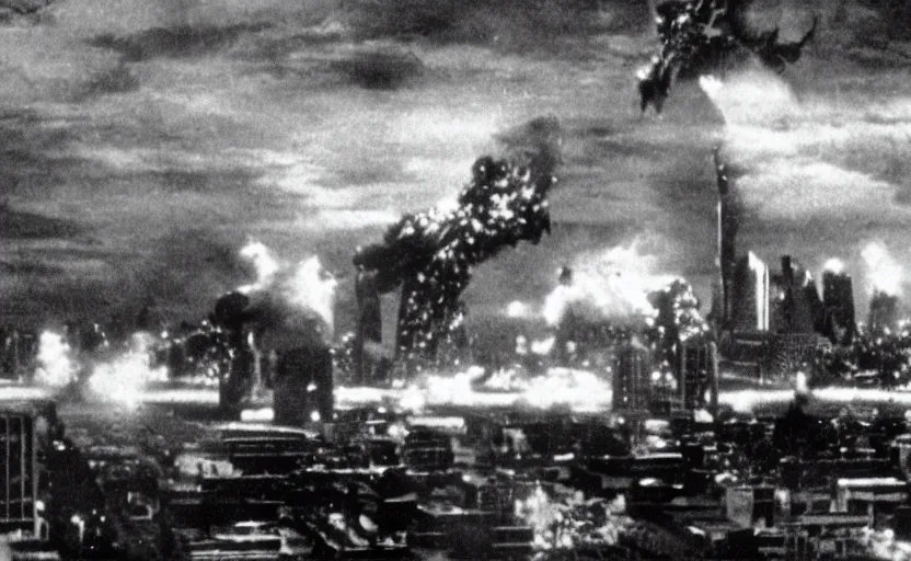 Image similar to a filmstill of Kim Jong-il and a Starro monster destroying Pyongyang, in Godzilla (1954) by Ishirō Honda, traditional Korean city, palace, epic ultrawide shot, cinémascope